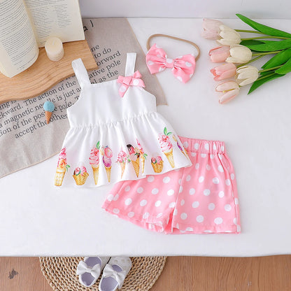 NOVEDAD DE VERANO 2025, Top con tirantes y estampado de helado para niña con pantalones cortos de lunares, conjunto informal de dos piezas para vacaciones