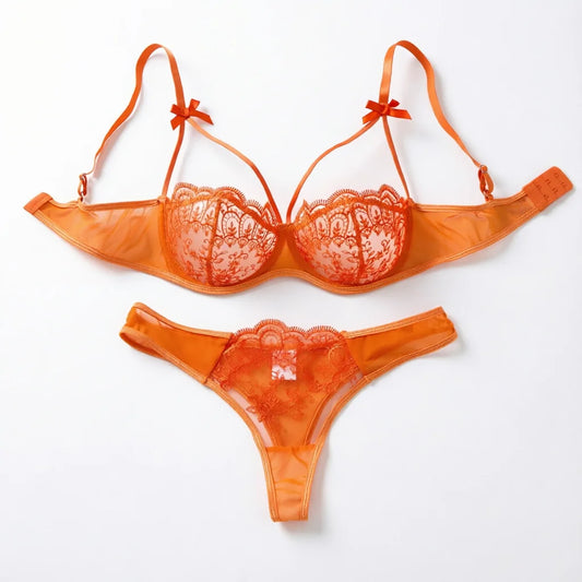 Conjunto de lencería sexy de encaje naranja para mujer, conjunto de sujetador push-up y bragas con lazo de mariposa, ropa interior femenina, ropa de dormir ZA824057