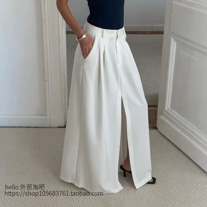 Falda midi de poliéster de cintura alta con abertura, diseño ajustado y elegante, estilo casual para mujer