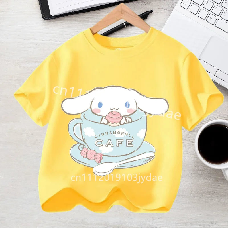 Camiseta de Manga Corta para Niños, Estilo Urbano, Verano 2026, Ropa Casual, Regalo Kawaii, Linda Camiseta de Cinnamoroll para Niña, Camiseta de Algodón con Estampado de Anime