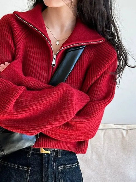 Suéter de punto de manga larga holgado con cuello alto corto para mujer, estilo coreano, ajuste regular, ideal para primavera...