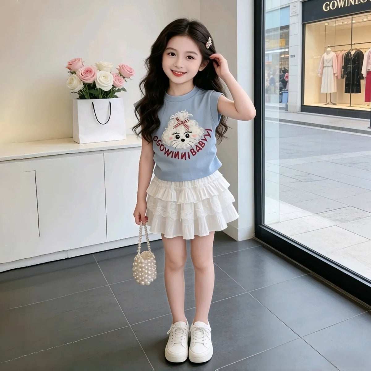 Conjunto de verano para niñas, camiseta de manga corta y falda, conjunto de dos piezas, estilo informal, ropa moderna para niños