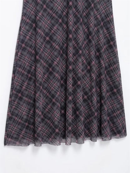 Falda Midi de Tul a Cuadros Estilo Británico BANA, Falda Ajustada de Cintura Alta para Mujer, Primavera Verano, Estilo OL, Fa...
