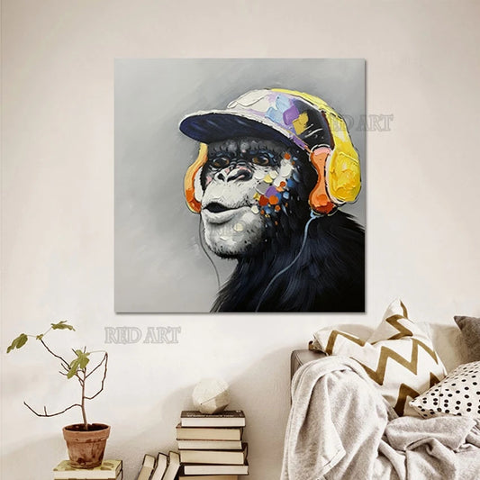 Póster de lienzo de pared sin marco para decoración de habitación de niños, hecho a mano puro, gorila linda, pintura al óleo de animales, arte de imagen de dibujos animados, regalo