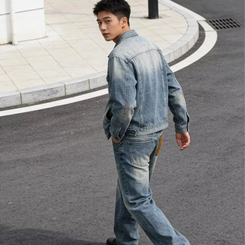 Jeans de pierna recta con parches azules vintage de verano 2026 para hombre, pantalones vaqueros casuales americanos con bolsillos marrones, estilo Y2K, streetwear
