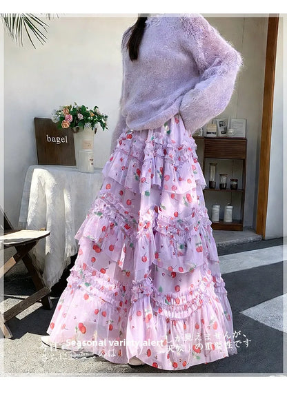 Primavera Verano 2026 Falda Larga de Tul Estampada de Cintura Alta con Empalmes Asimétricos, Falda de Pastel Colorida, Estilo...