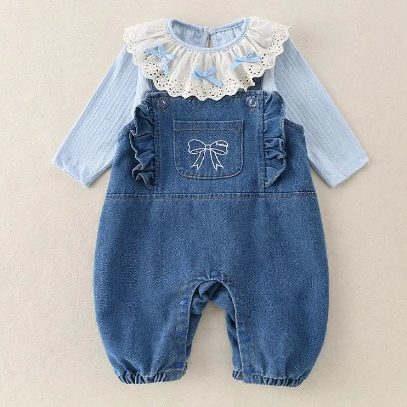 Conjunto de 2 piezas de lujo coreano para niña, conjunto de camiseta y camiseta a la moda con cuello de encaje, pelele elegante de Estilo Princesa, traje de otoño