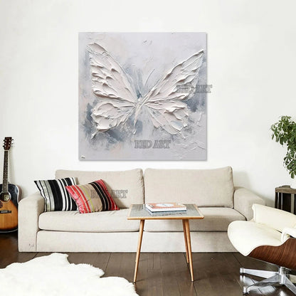 Cuchillo, espesor de textura, cuadro de mariposa acrílico blanco, pintura, lienzo moderno, arte de pared, Panel artesanal hecho a mano