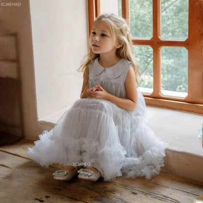 Nuevo vestido de fiesta para niñas, vestido de princesa de tul sin mangas con cuello Peter Pan para actuaciones de Piano, banquete, desfile Formal