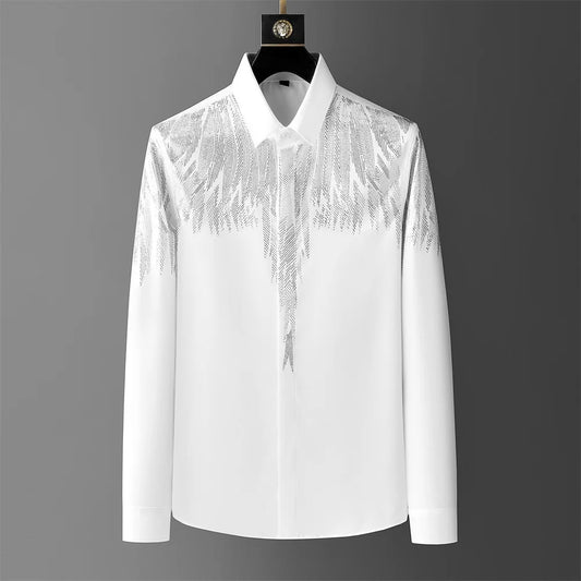 Camisa de lujo con diamantes de imitación para hombre, camisas informales de manga larga para banquete, fiesta y escenario, ropa de calle Vintage, blusa 5XL 2024