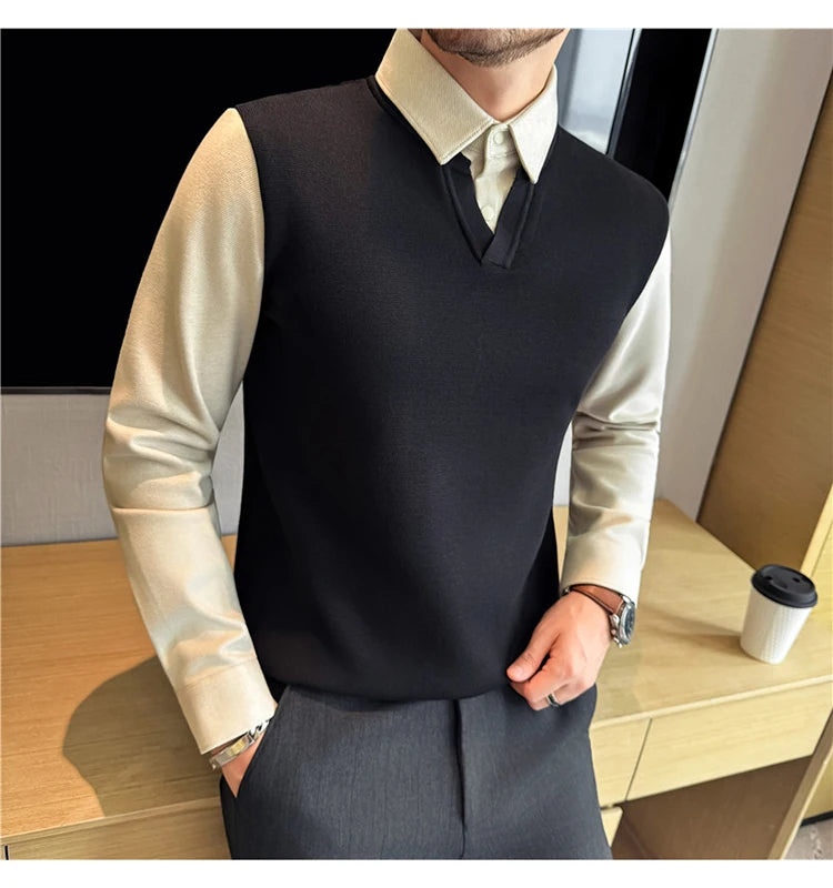Suéter de punto de alta calidad para hombre, camisa de lana gruesa con cuello empalmado, suéteres con cuello en V, suéter de punto de dos piezas para Otoño e Invierno