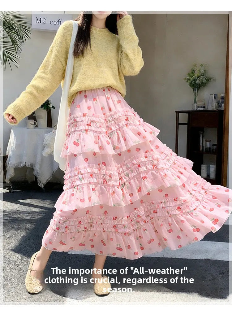 Primavera Verano 2026 Falda Larga de Tul Estampada de Cintura Alta con Empalmes Asimétricos, Falda de Pastel Colorida, Estilo...