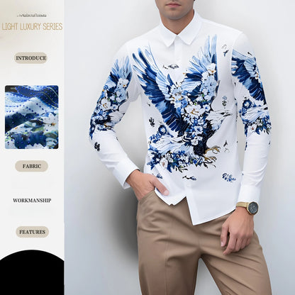 Camisa de lujo con estampado 3D de diamantes de imitación para hombre, camisas informales de manga larga para otoño e invierno, trajes de espectáculo escénico para fiesta de banquete Social