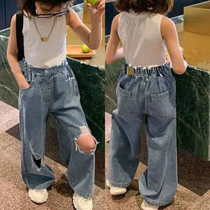 Pantalones Vaqueros Rotos de Moda Urbana 2026 para Niñas, Pantalones de Pierna Ancha de Cintura Alta para Bebés y Niñas Grandes, para Edades de 3 a 17 Años