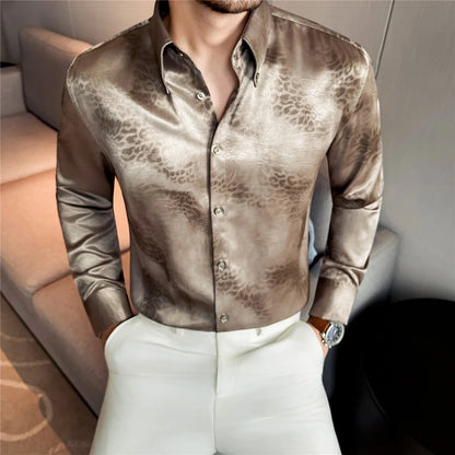 Camisa de manga larga de seda de imitación para hombre, camisa informal estampada de Color degradado a la moda, ropa Social de negocios, ropa de calle para hombre