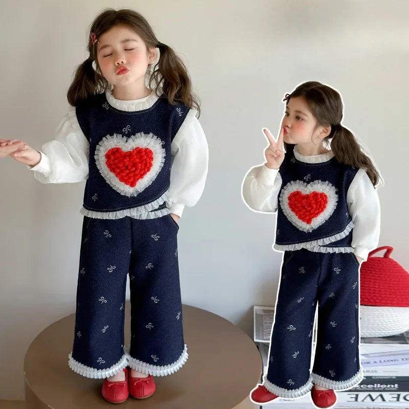 Conjunto de tres piezas con lazo grande de amor para niña, edición coreana de moda de primavera y otoño, ropa para niña