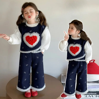 Conjunto de tres piezas con lazo grande de amor para niña, edición coreana de moda de primavera y otoño, ropa para niña