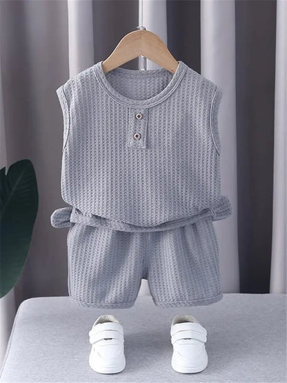 Ropa de oso para niños y niñas, chaleco de cuello redondo, pantalones cortos, chándales de dibujos animados para niños pequeños, moda de verano, nuevo conjunto de 2 piezas