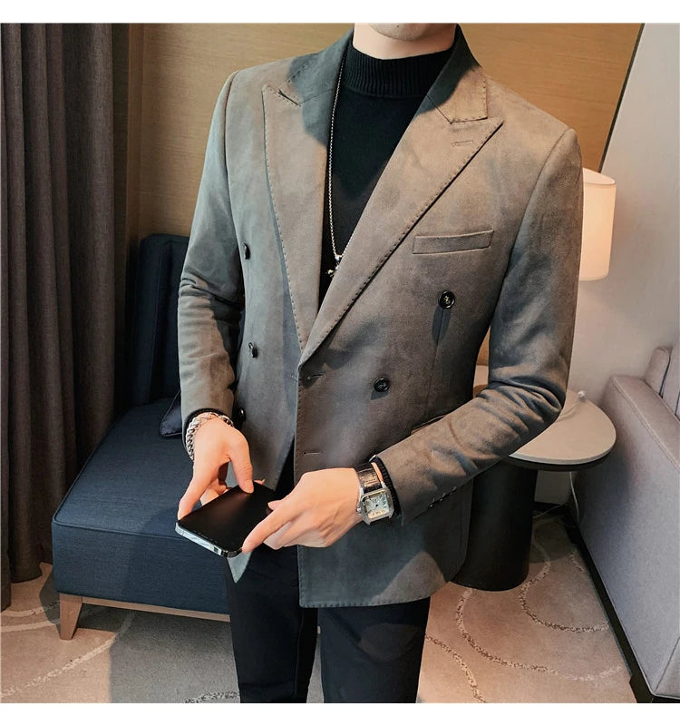 Chaqueta de ante con botones de doble botonadura para hombre, traje de negocios informal, ropa de calle Social, otoño e invierno, 2023