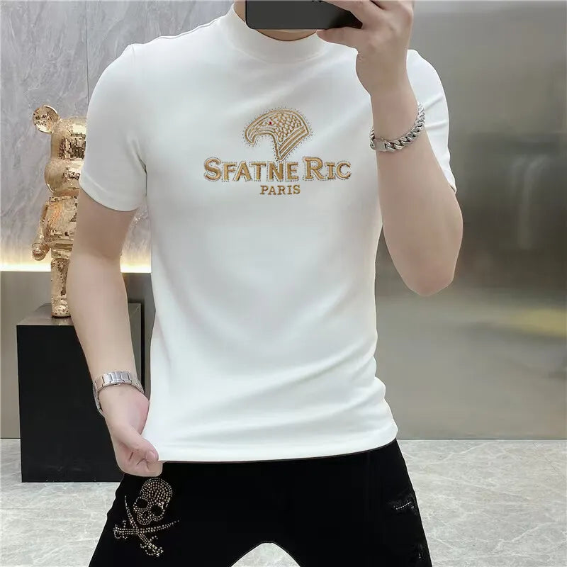 Camiseta de lujo con diamantes de imitación para hombre, camiseta informal ajustada de manga corta con cuello redondo, camiseta Social de negocios, ropa para hombre