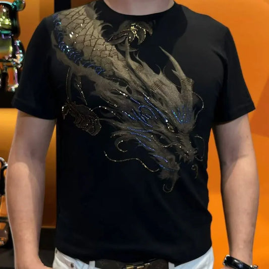 Camiseta de lujo con estampado de diamantes de imitación para hombre, camiseta informal de manga corta con cuello redondo, camiseta Social de Hip Hop Harajuku, ropa para hombre