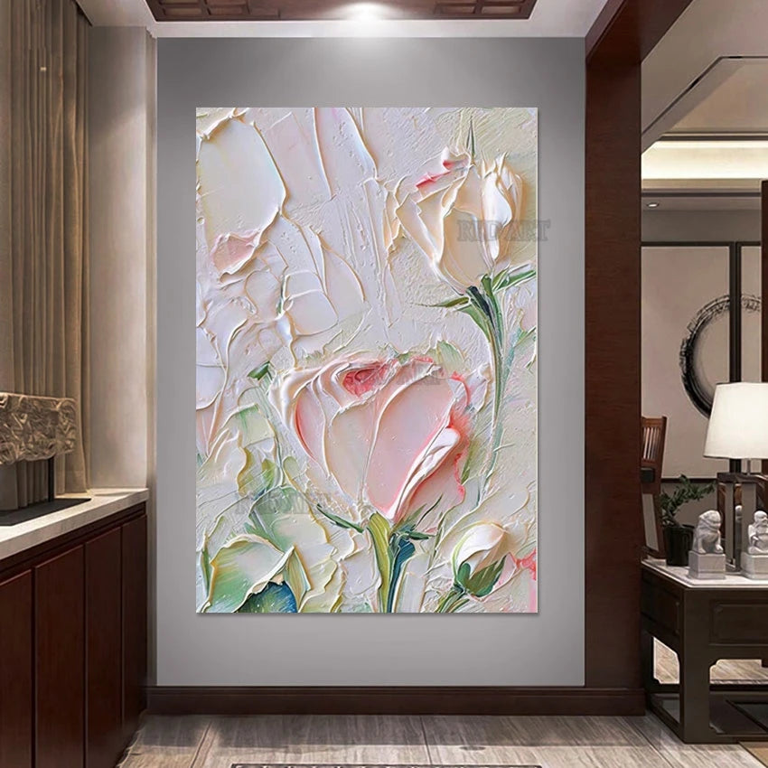 Pintura al Óleo de Rosas con Espátula de Gran Tamaño, Hecha a Mano, Moderna, Murales en Lienzo, Conjunto de Paneles de Arte para Pared, Piezas sin Marco