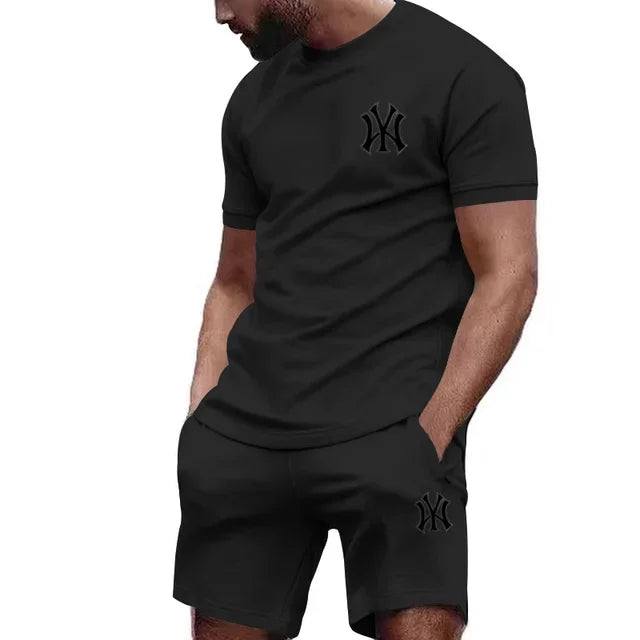 Nueva ropa deportiva de dos piezas para hombre, conjunto de camiseta y pantalones de manga corta, ropa deportiva para correr y fitness, superventas, 2025, verano