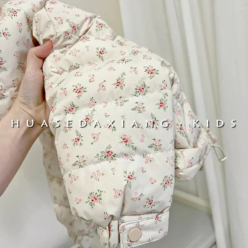 Chaqueta de plumón Floral para niñas, Parka bonita y dulce, ropa coreana para niños, otoño e invierno, 2024