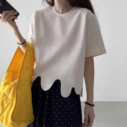 Camisetas de verano de moda coreana, camiseta informal de manga corta con cuello redondo y patrón de onda Irregular, camisetas simples