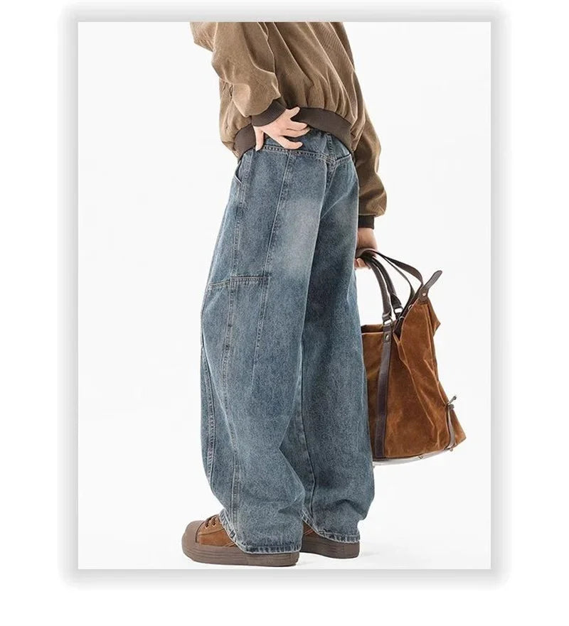 Otoño de los hombres de moda Hip Hop empalmado pantalones vaqueros holgados diseño plisado Casual pantalones vaqueros de pierna recta Y2K Vintage Streetwear jean