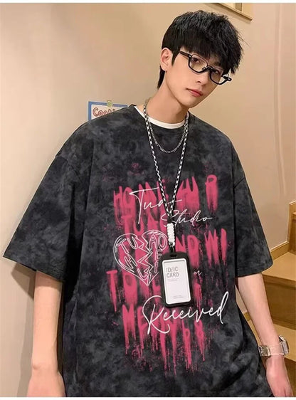 Camisetas de Verano 2026 para Hombre con Estampado Tie-Dye y Gráficos de Graffiti, Camisetas Oversize Juveniles con Estampado de Letras, Tops de Moda Urbana con Contraste de Color
