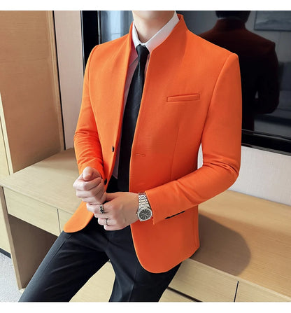 Chaqueta de traje con cuello levantado de alta calidad para hombre, chaquetas de negocios informales, abrigo coreano con gofres para boda, novio, banquete, vestido de fiesta, 2025