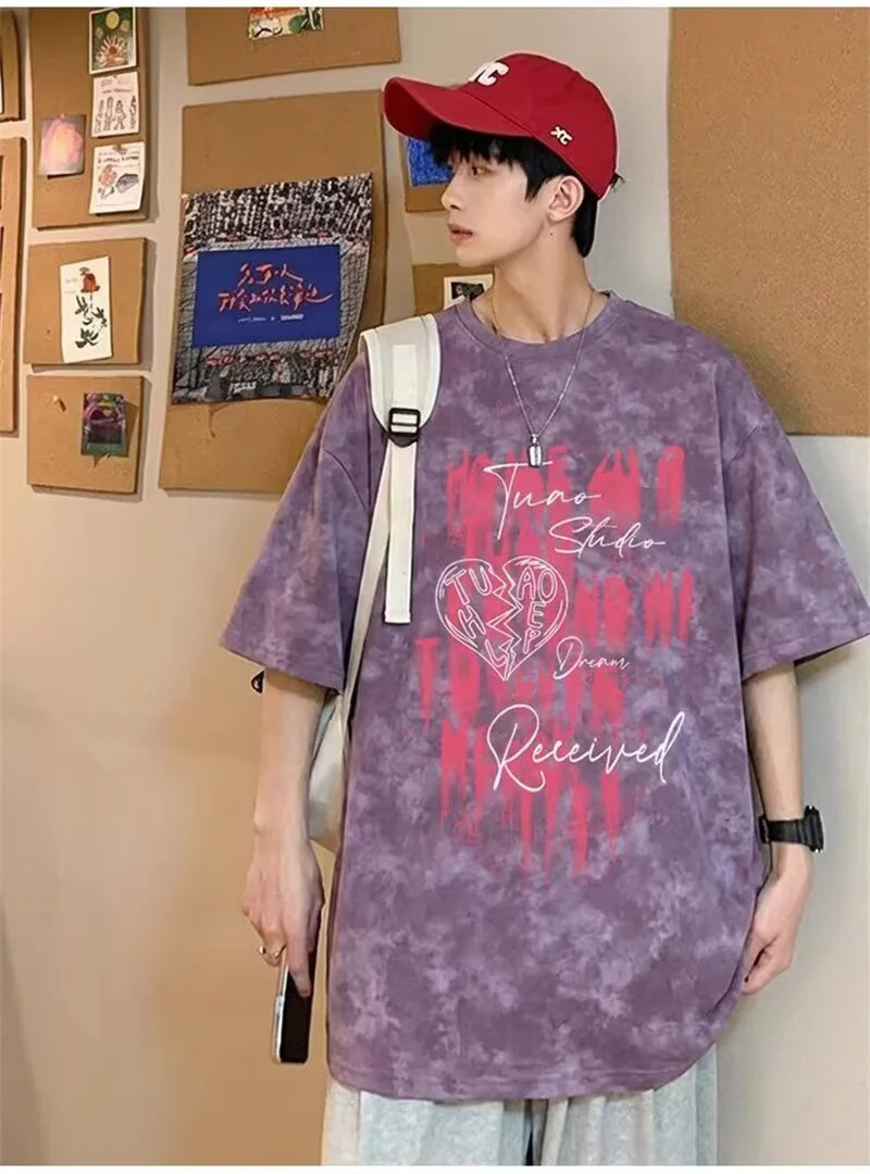 Camisetas de Verano 2026 para Hombre con Estampado Tie-Dye y Gráficos de Graffiti, Camisetas Oversize Juveniles con Estampado de Letras, Tops de Moda Urbana con Contraste de Color