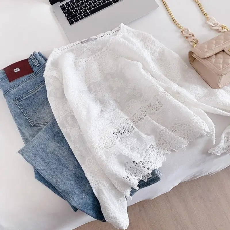Blusas de algodón de primavera para mujer, camisas elegantes de manga larga caladas con encaje de ganchillo
