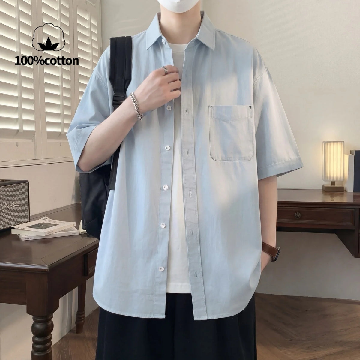 Camisa de Manga Corta para Hombre, 100% Algodón, Transpirable, Casual, de Color Sólido, con Botones, Cuello Clásico, para Uso Diario