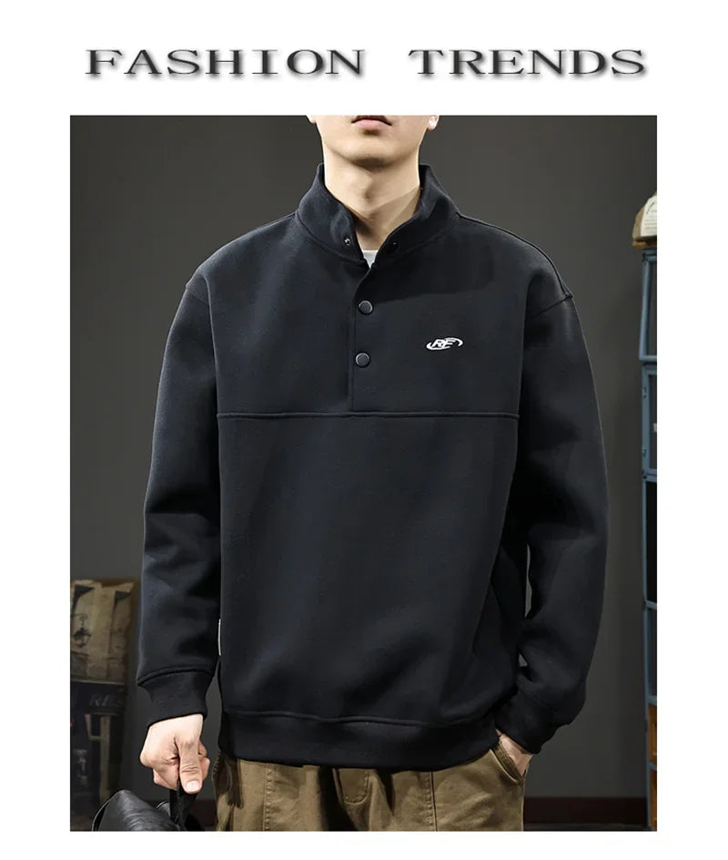 Otoño de los hombres de la letra impresa botón sudadera Stand Collar Patchwork pulóver sudaderas con capucha 2025 nuevo Casual Y2K manga larga Sudaderas