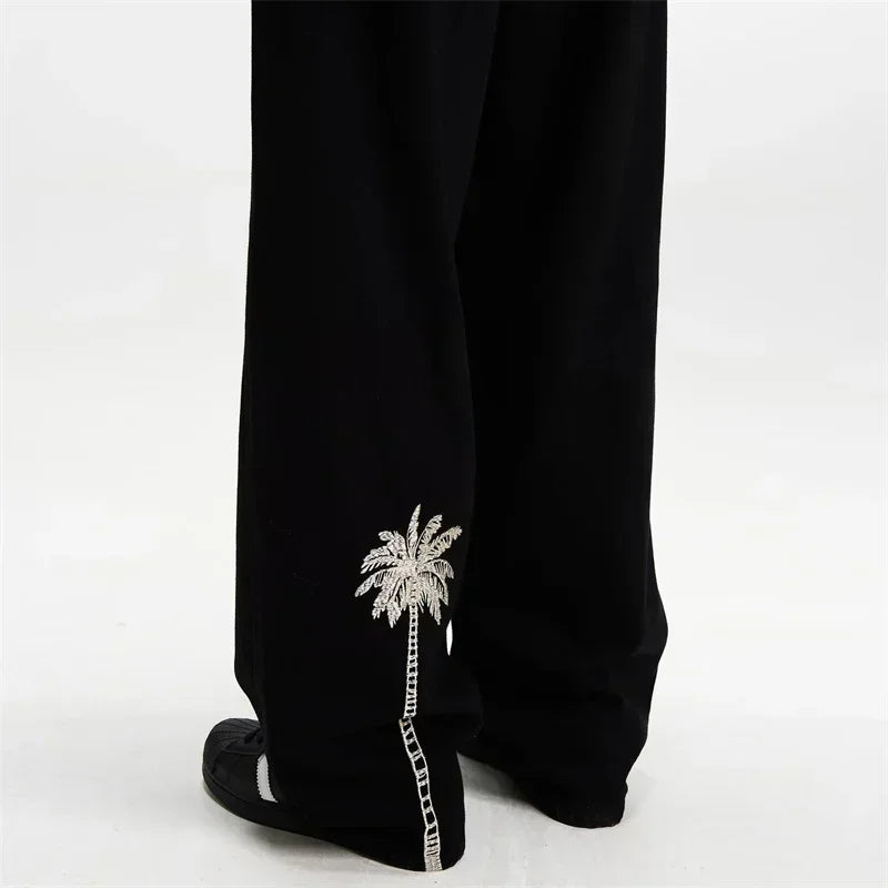 Pantalones Vaqueros de Hombre con Bordado de Palmeras, Estilo Casual, Negros, Rectos, Holgados, Moda Hip Hop, Streetwear Y2K