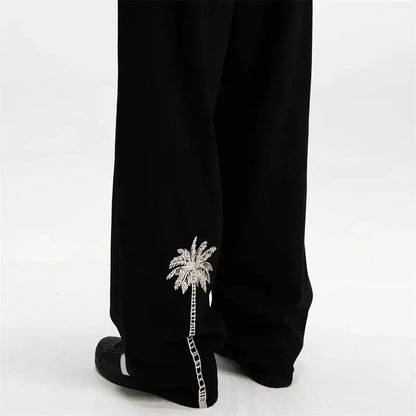 Pantalones Vaqueros de Hombre con Bordado de Palmeras, Estilo Casual, Negros, Rectos, Holgados, Moda Hip Hop, Streetwear Y2K