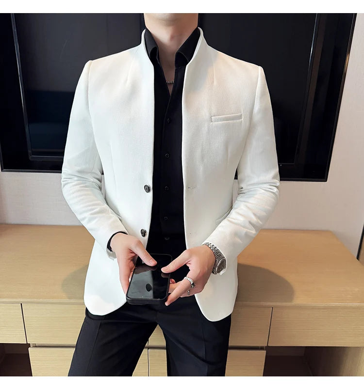 Chaqueta de traje con cuello levantado de alta calidad para hombre, chaquetas de negocios informales, abrigo coreano con gofres para boda, novio, banquete, vestido de fiesta, 2025