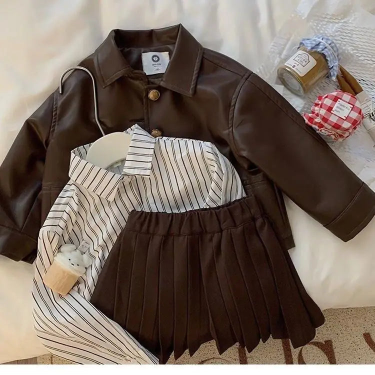 Conjunto de tres piezas para niña, abrigo a la moda, camisa elegante, Falda corta, novedad de otoño, 2024