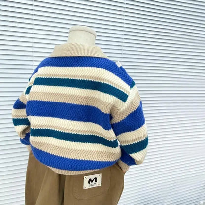 Nuevo suéter para niños, suéter de punto a rayas gruesas, jersey de otoño e invierno para niños, Top informal para niños, abrigo con cuello POLO para bebés y niños pequeños