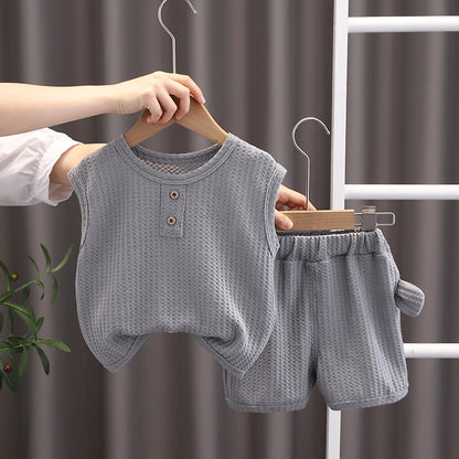 Ropa de oso para niños y niñas, chaleco de cuello redondo, pantalones cortos, chándales de dibujos animados para niños pequeños, moda de verano, nuevo conjunto de 2 piezas
