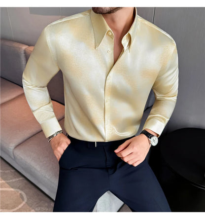 Camisa de manga larga de seda de imitación para hombre, camisa informal estampada de Color degradado a la moda, ropa Social de negocios, ropa de calle para hombre