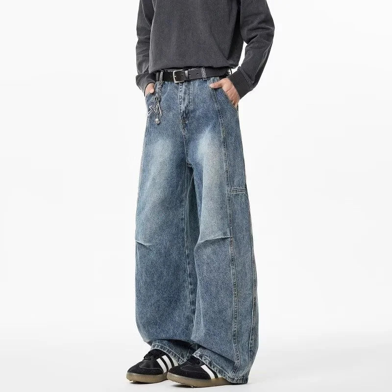 Otoño de los hombres de moda Hip Hop empalmado pantalones vaqueros holgados diseño plisado Casual pantalones vaqueros de pierna recta Y2K Vintage Streetwear jean