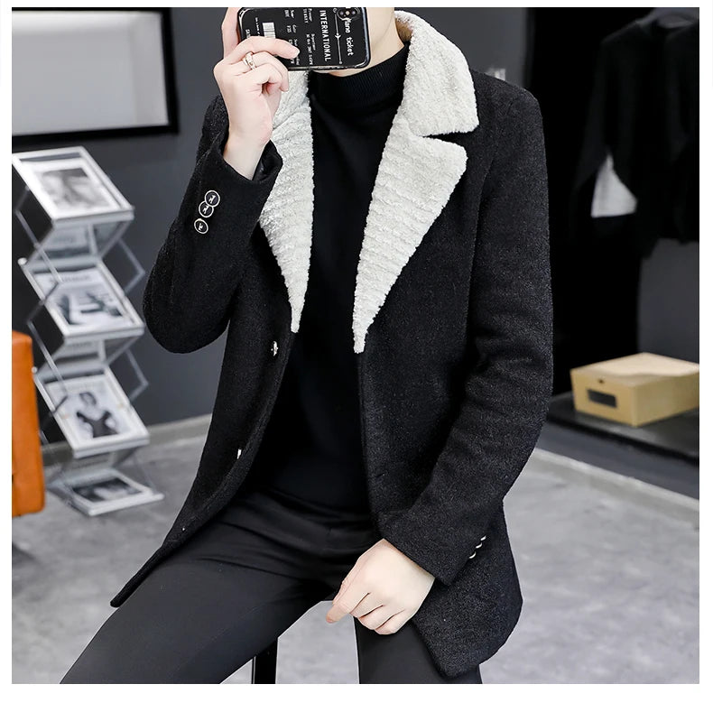Chaquetas de lana de invierno coreanas para hombres, chaqueta de mezcla de lana gruesa de felpa con solapa, gabardina larga informal de negocios, abrigo de calle