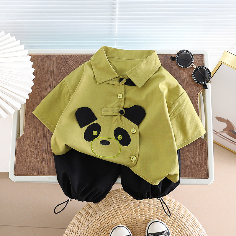 Ropa de algodón para niños, camisa de Panda de dibujos animados, pantalones cortos, 2 unids/set, chándales de moda para niños pequeños, prendas de vestir