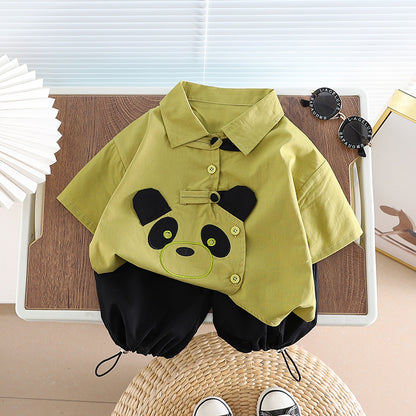 Ropa de algodón para niños, camisa de Panda de dibujos animados, pantalones cortos, 2 unids/set, chándales de moda para niños pequeños, prendas de vestir