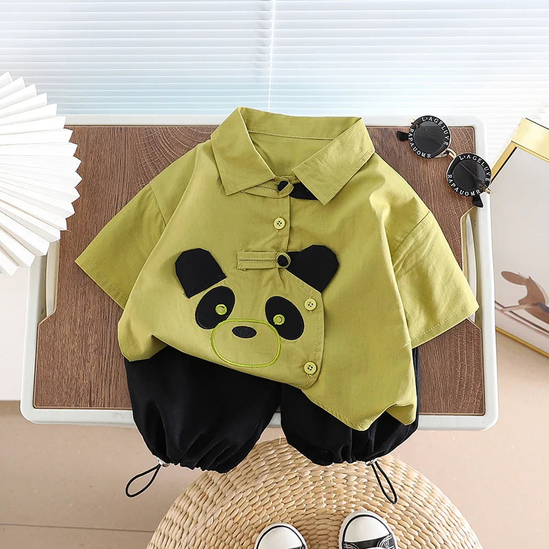 Ropa de algodón para niños, camisa de Panda de dibujos animados, pantalones cortos, 2 unids/set, chándales de moda para niños pequeños, prendas de vestir