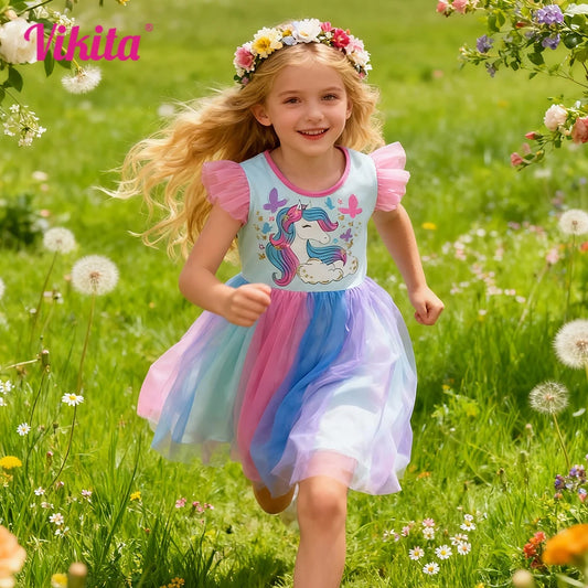 VIKITA Vestido de verano con estampado de dibujos animados de unicornio y mariposa para niñas, vestidos de princesa de tul de malla azul coloridos para fiesta