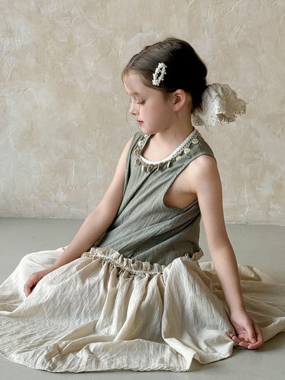 Dulce vestido para niñas verano 2025 nueva moda para niños temperamento Color contrastante vestido bohemio tendencia